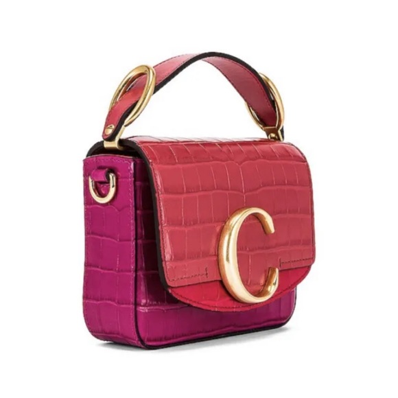 CHLOE  Mini C Tricolor Croc Embossed Leather Shoulder Bag in Graphic Pink NWT - Picture 4 of 10